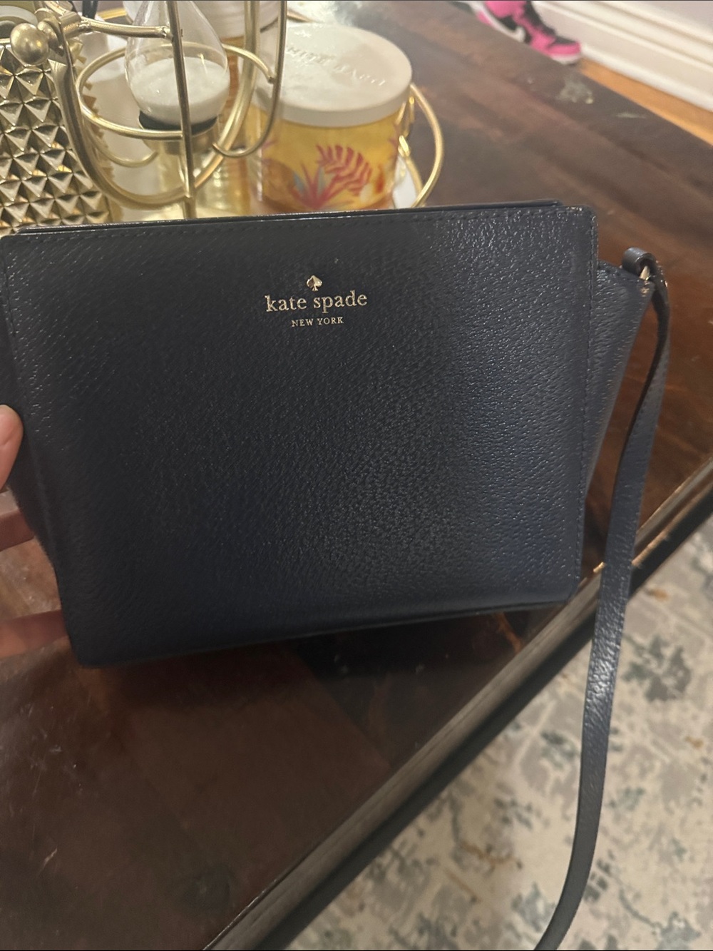 kate spade navy leather crossbody wristlet with gold logo